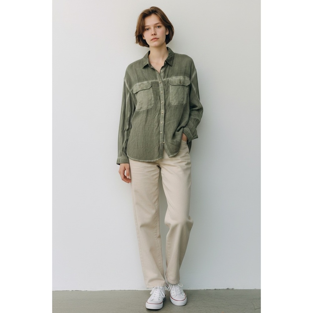 Pilcro and the Letterpress Washed Olive Green Viscose Button Down Shirt XS